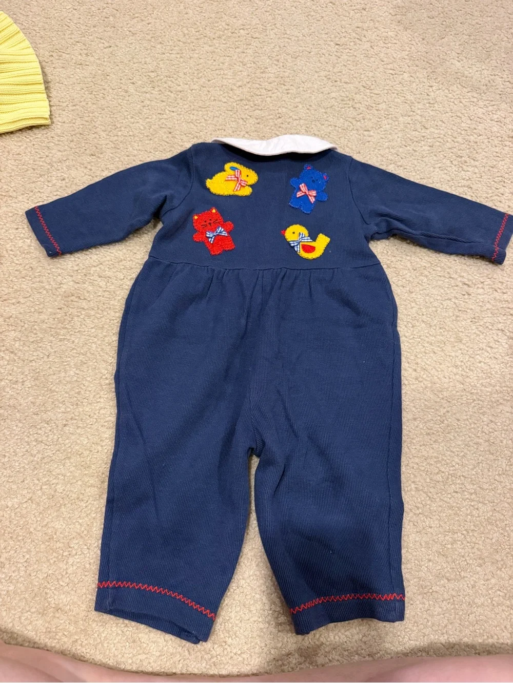 Vintage Buster Brown Navy Baby Romper with White Collar and Colorful Appliqués